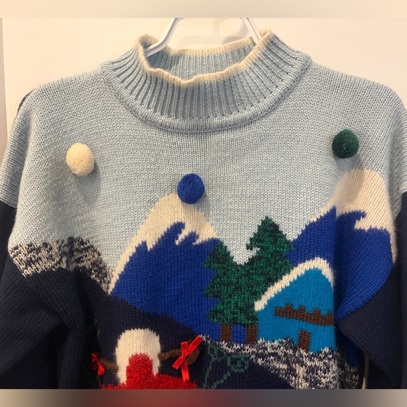 Vintage Ski Cabin Knit Sweater in Navy, Light Blue & Red - Picture 6 of 15